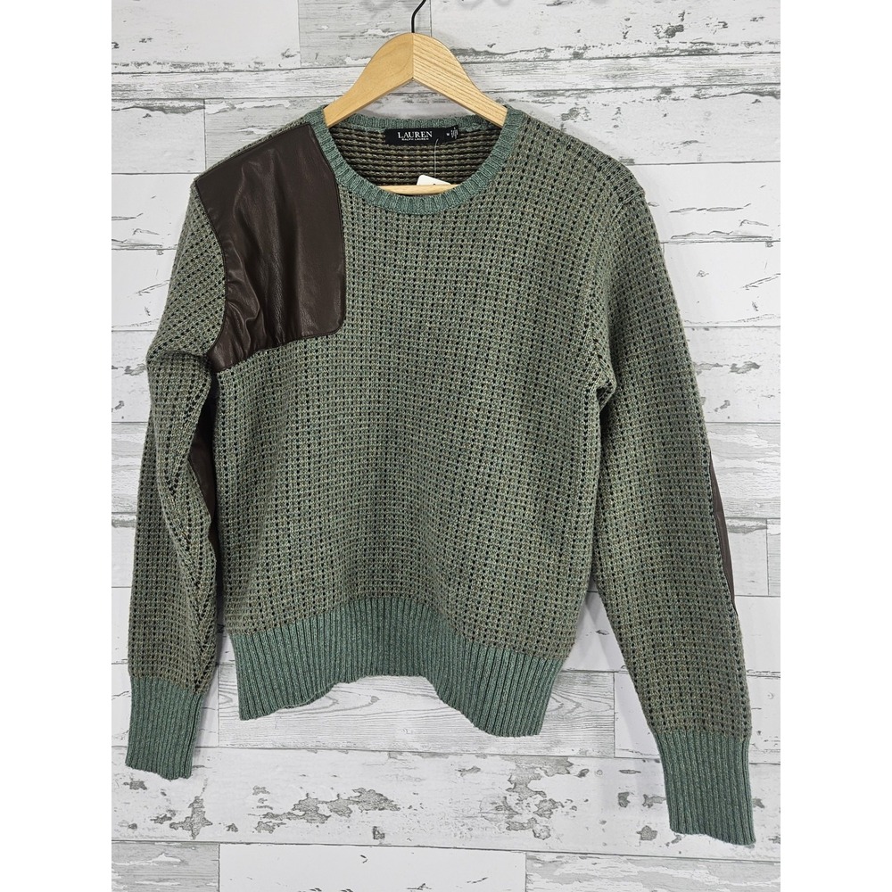 Ralph Lauren Faux Leather Trim Wool Blend Sweater Elbow‎ Patches Green Womens M